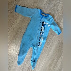 Monica + Andy 6-9 months fleece zippered blue train footed one-piece